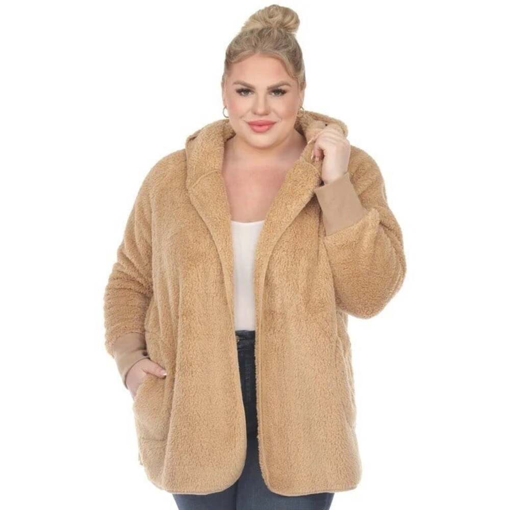 White Mark Women's Hooded Cardigan Camel 1X/2X Long Sleeve New with Tags